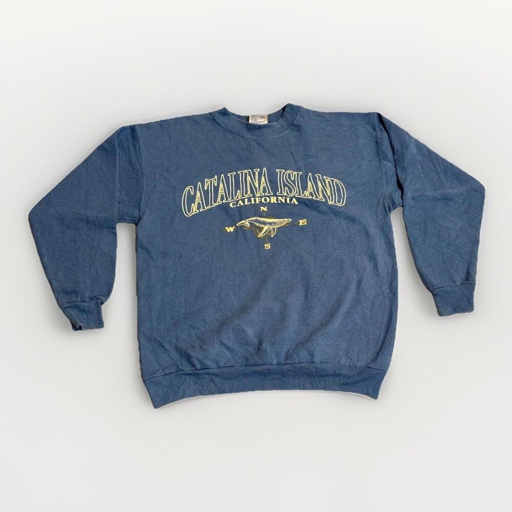 90s Vintage Hanes Catalina Island Blue Crewneck Adult M Whale Compass Graphic - Picture 1 of 7